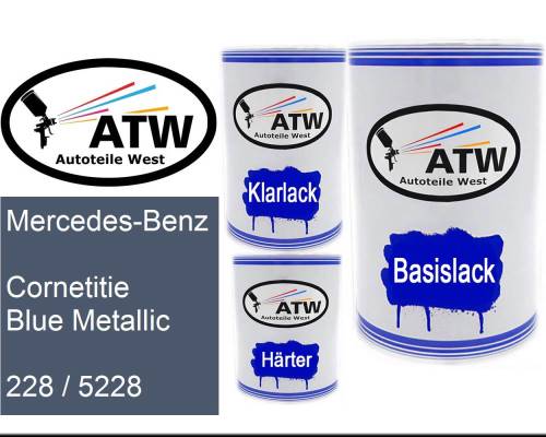 Mercedes-Benz, Cornetitie Blue Metallic, 228 / 5228: 500ml Lackdose + 500ml Klarlack + 250ml Härter - Set, von ATW Autoteile West.